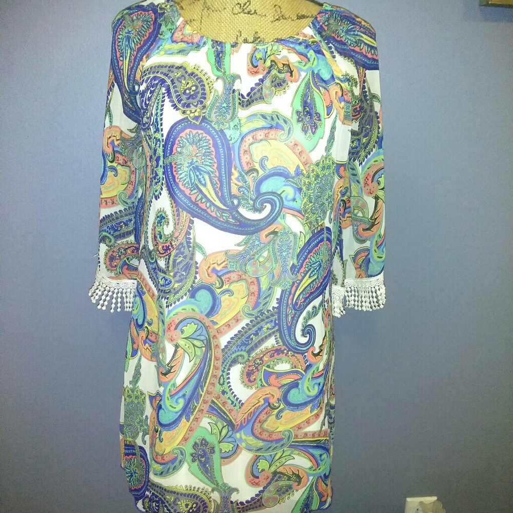 Fringe sleeved, paisley dress