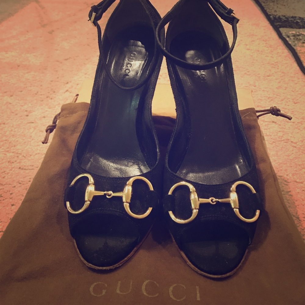Black Gucci Suede Wedges