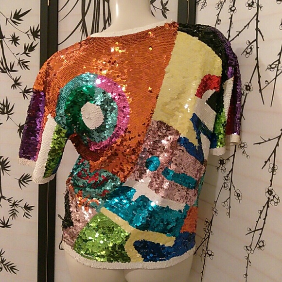 Sold RARE psychedelic sequin Multicolor top - Picture 2 of 6
