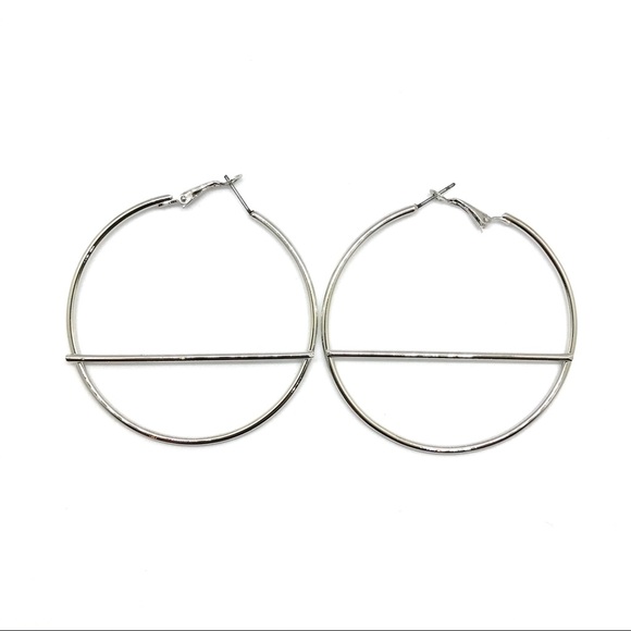 Large Bar Hoop Earrings, Silver Finish, 90s Style - Picture 1 of 1