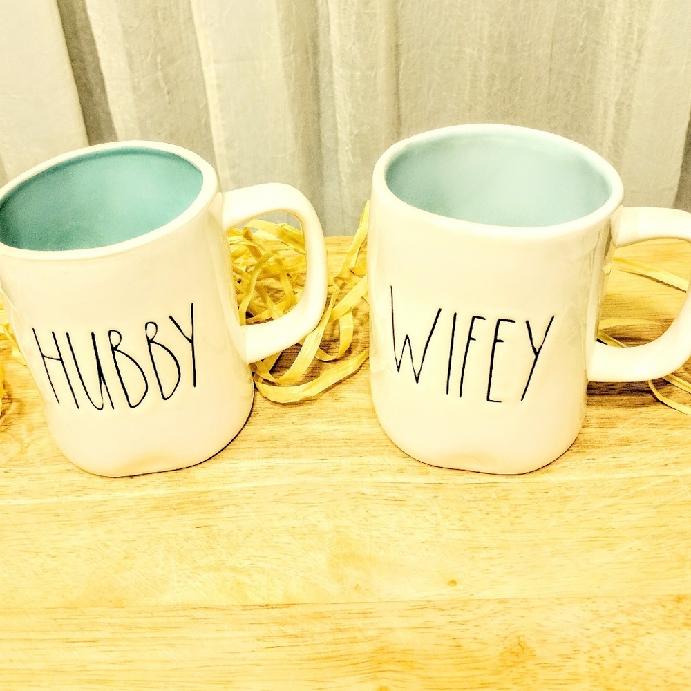 Rae Dunn Coffee Mugs "Hubby & Wifey" Blue Interior