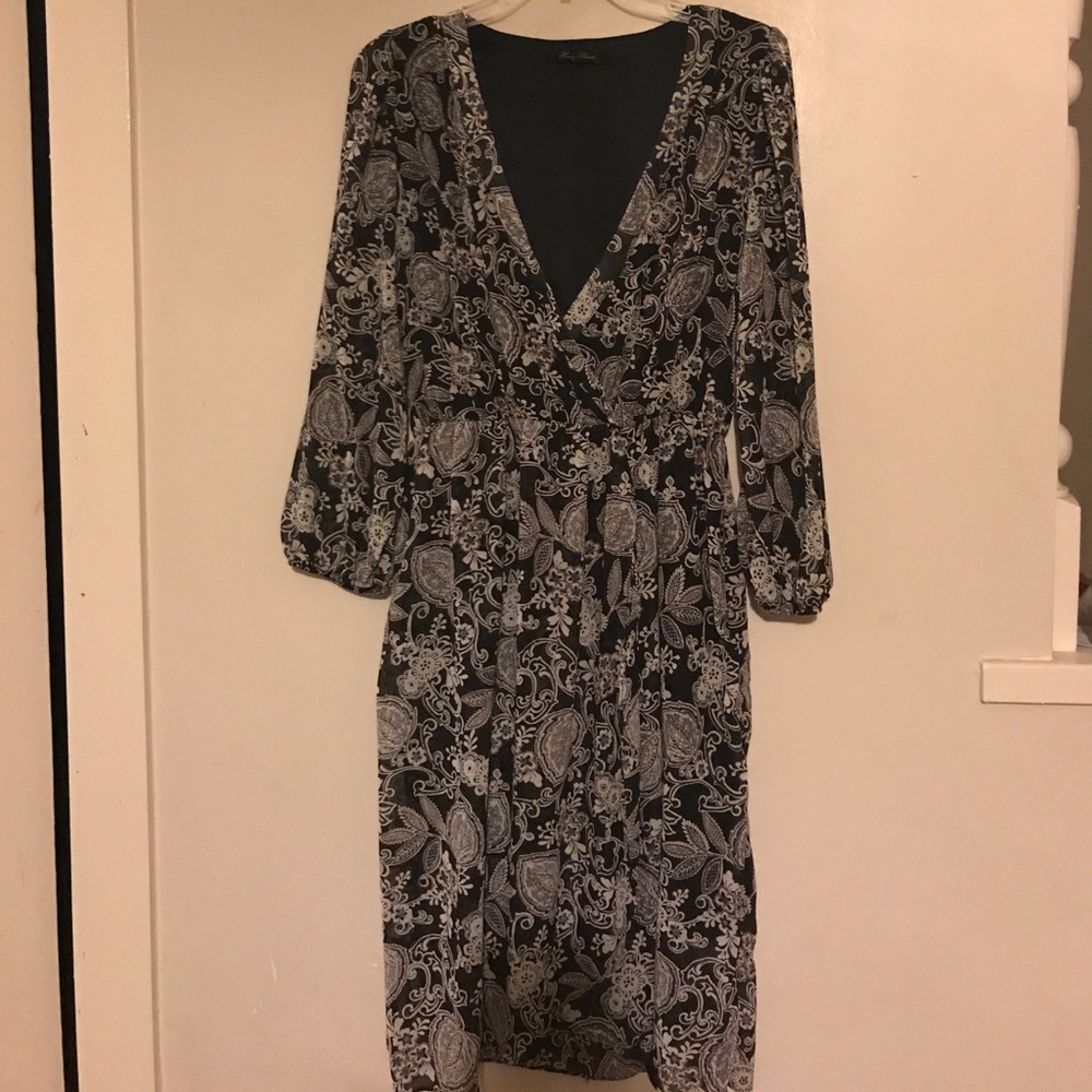 V neck wrap around black and beige floral dress