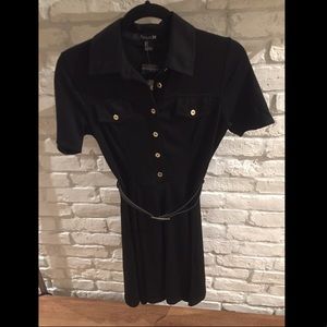 Buttoned & Belted Black Skater Dress (Size S)