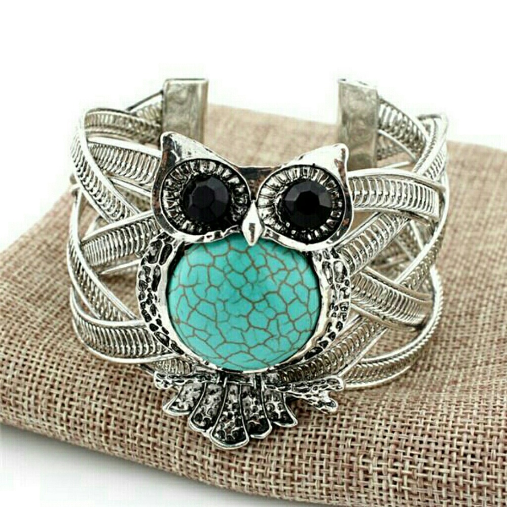 Vintage Owl Silver Bracelets with Turquoise Stone