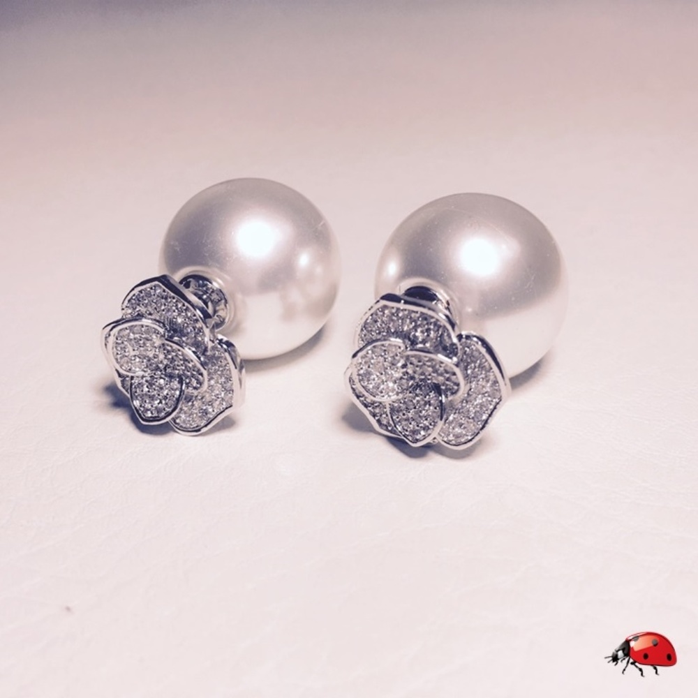 Double-sided Earings CZ Flower and Imitation Pearl