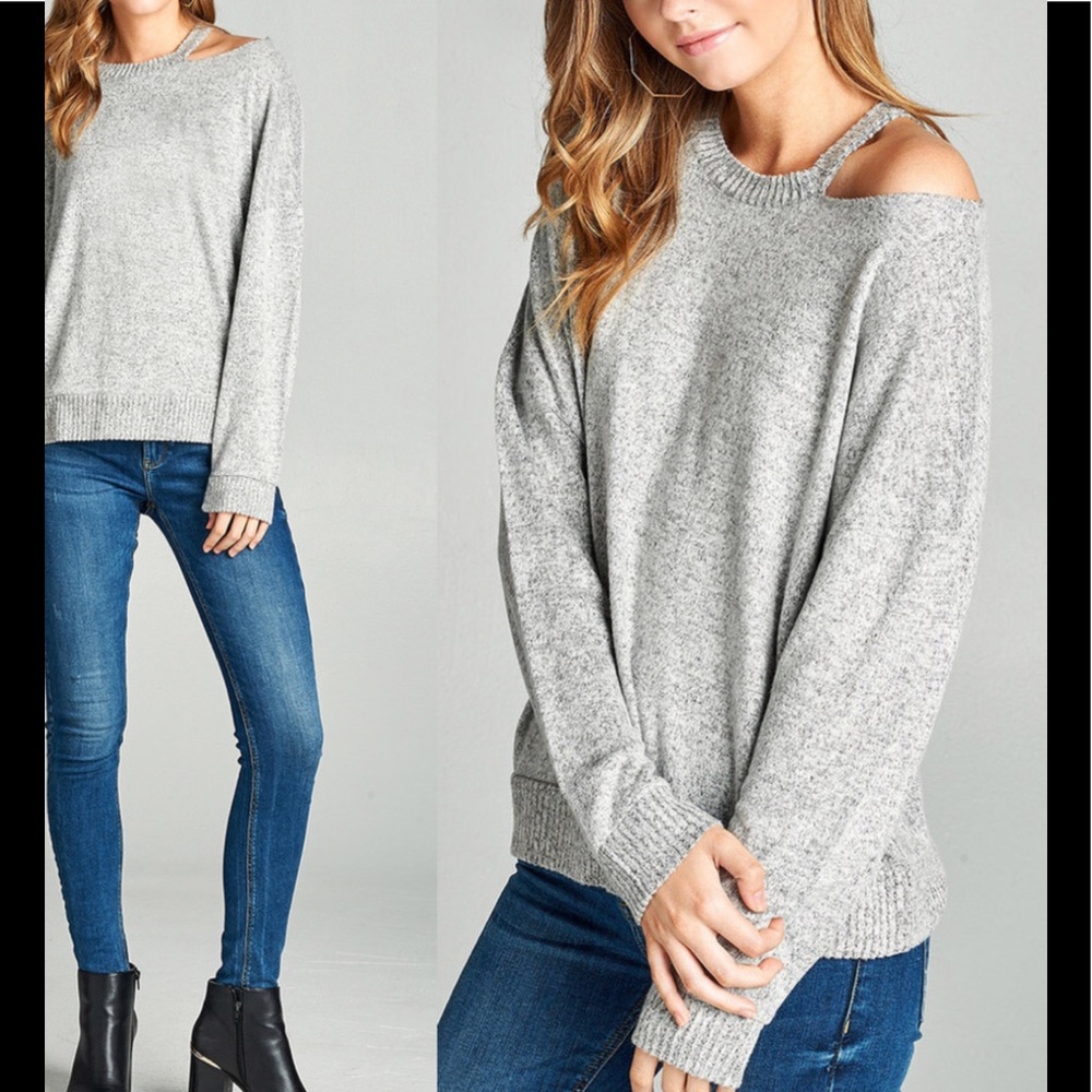 Heather gray sweater with cut out shoulder