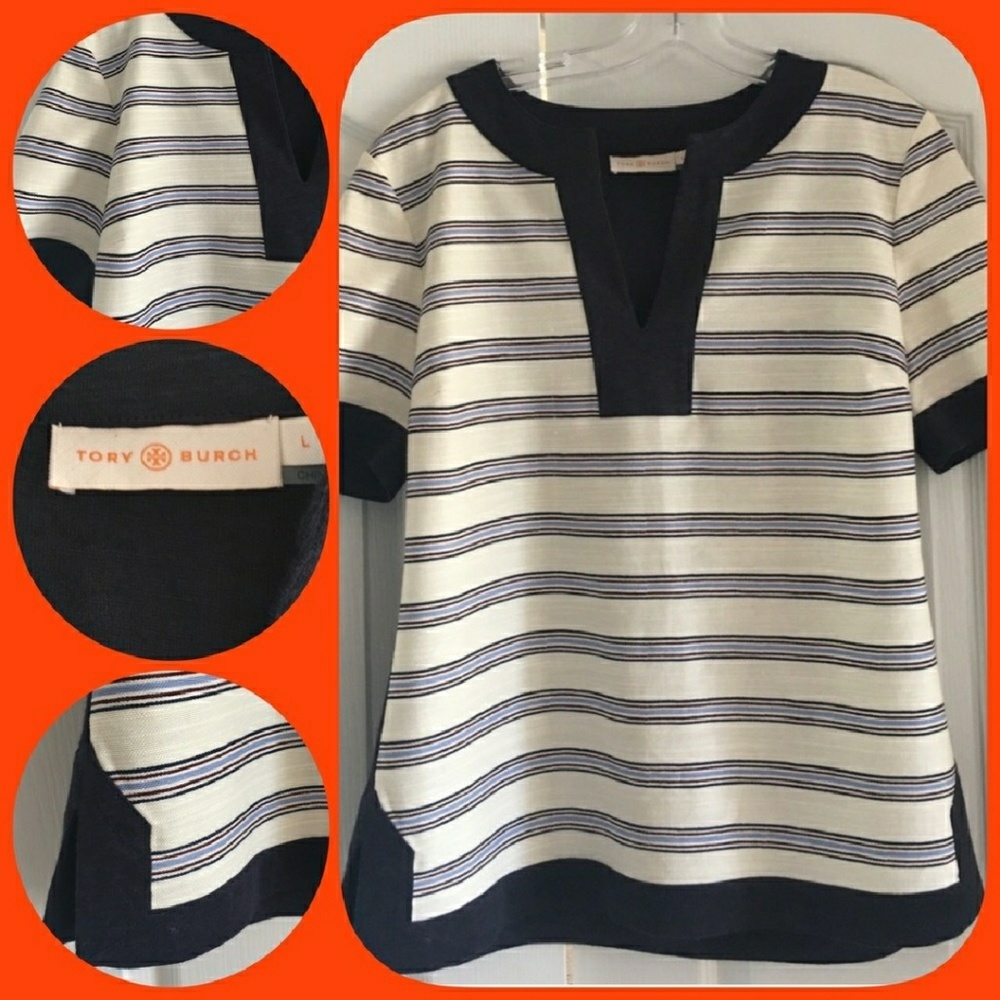 Tory Burch stripe  linen short sleeve tunic top