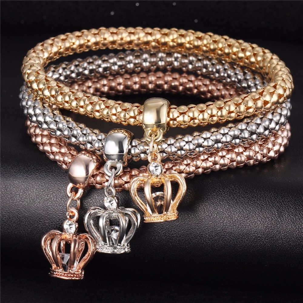 3 PCS Crowns Crystal Multi Toned Bracelet Set - Picture 3 of 3