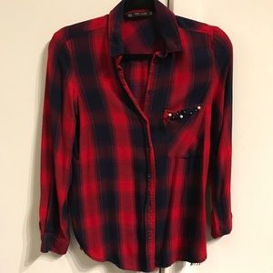 ZARA pleated red and blue button-down shirt. ZARA pleated red and blue button-down shirt.