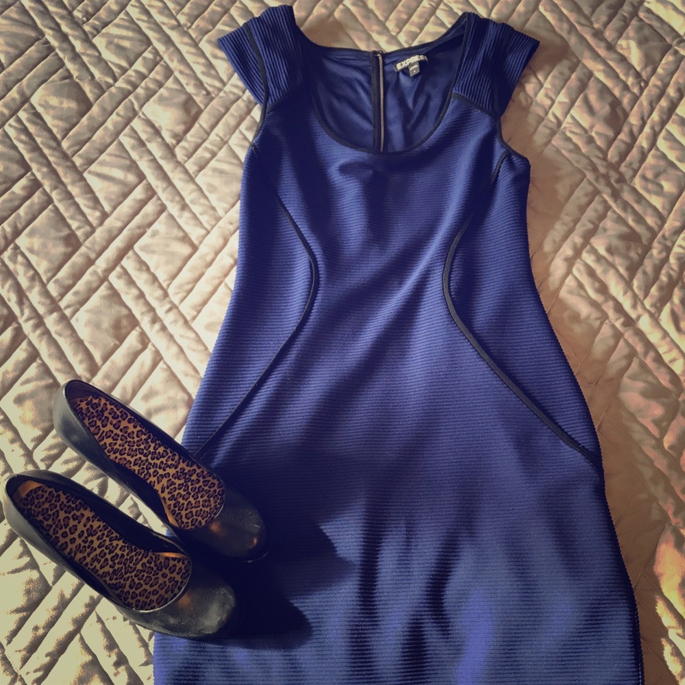 Express bright blue black piping bodycon dress