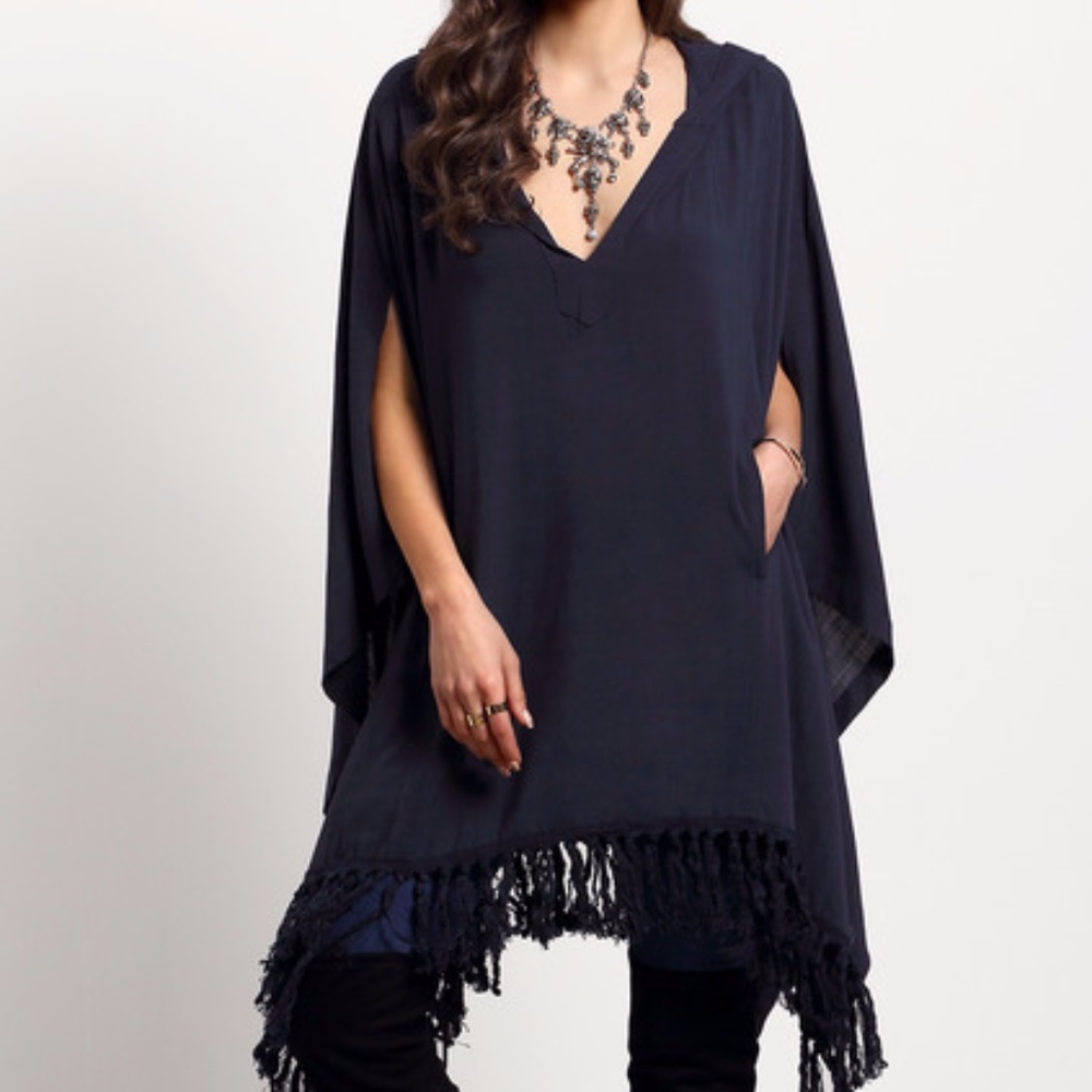 Navy Hooded V Neck Tassel Poncho
