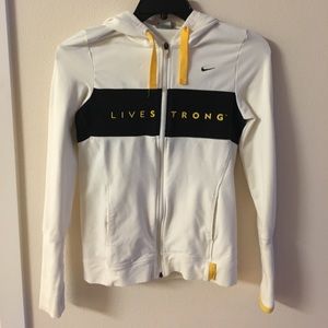 White and black Livestrong sweatshirt.