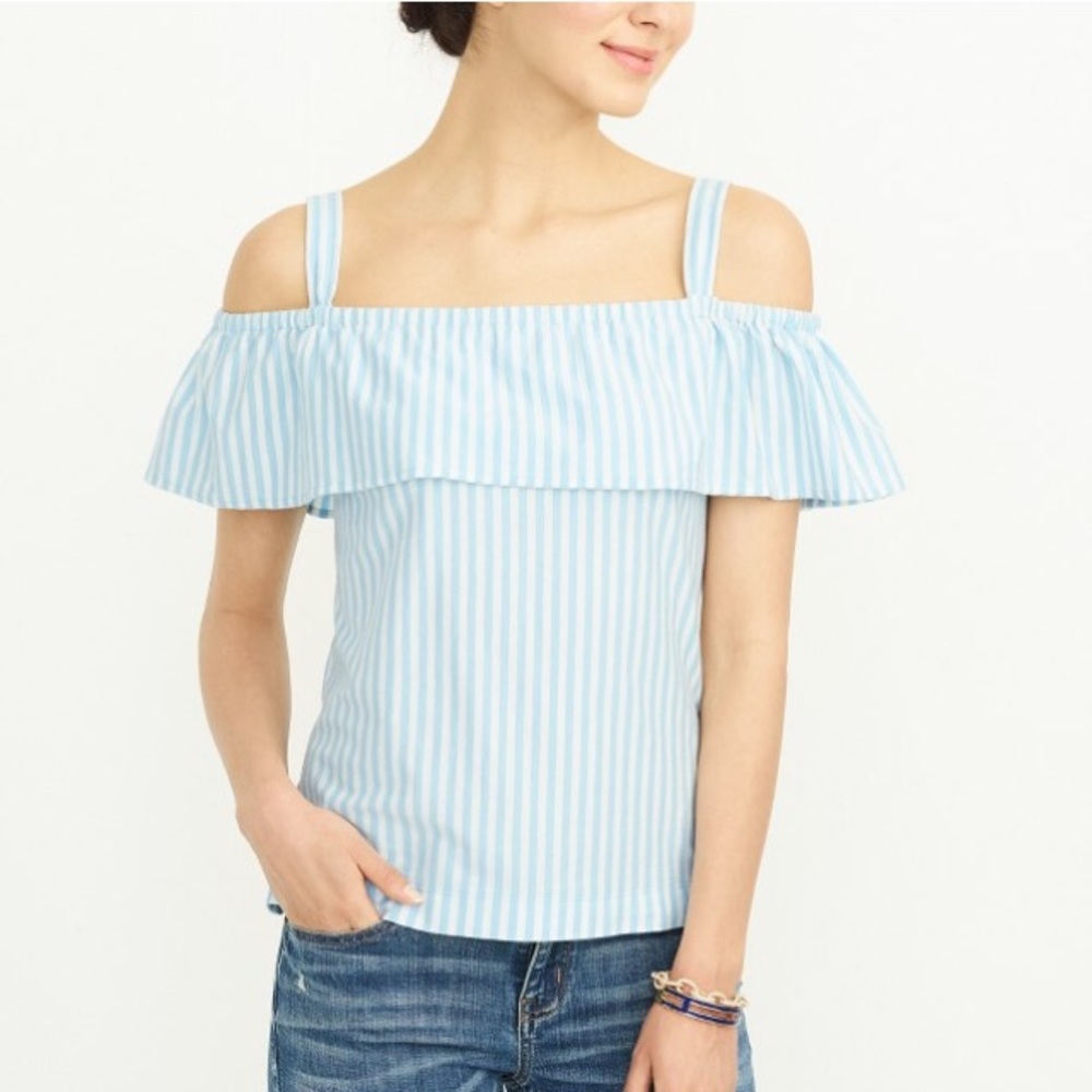 NWT J. Crew Light Blue Striped Off-Shoulders Top - Picture 1 of 8