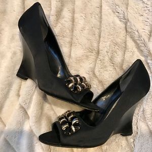 Nina Black Satin Bejeweled Dress Wedges