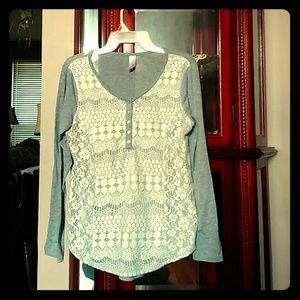 White and Grey Blouse with Lace Detailing