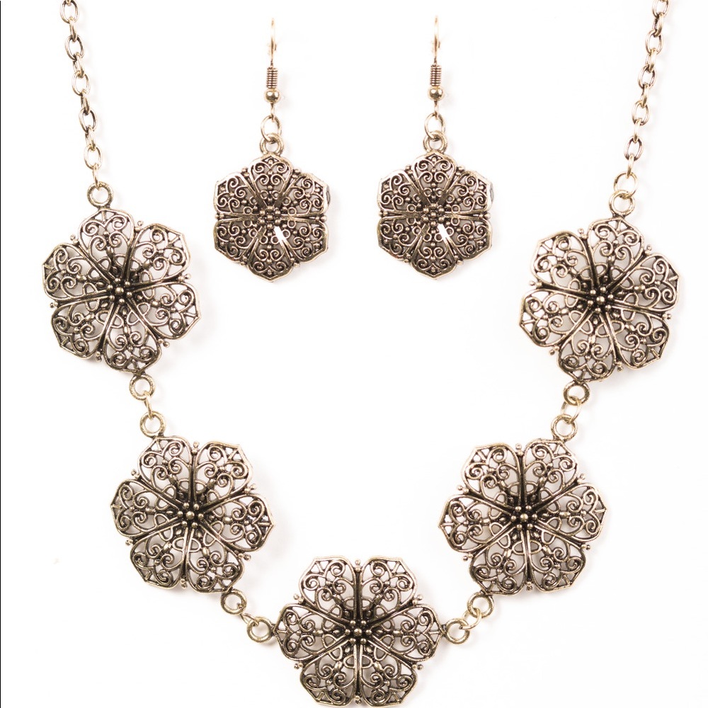 Brass Flower Necklace with Matching Earrings