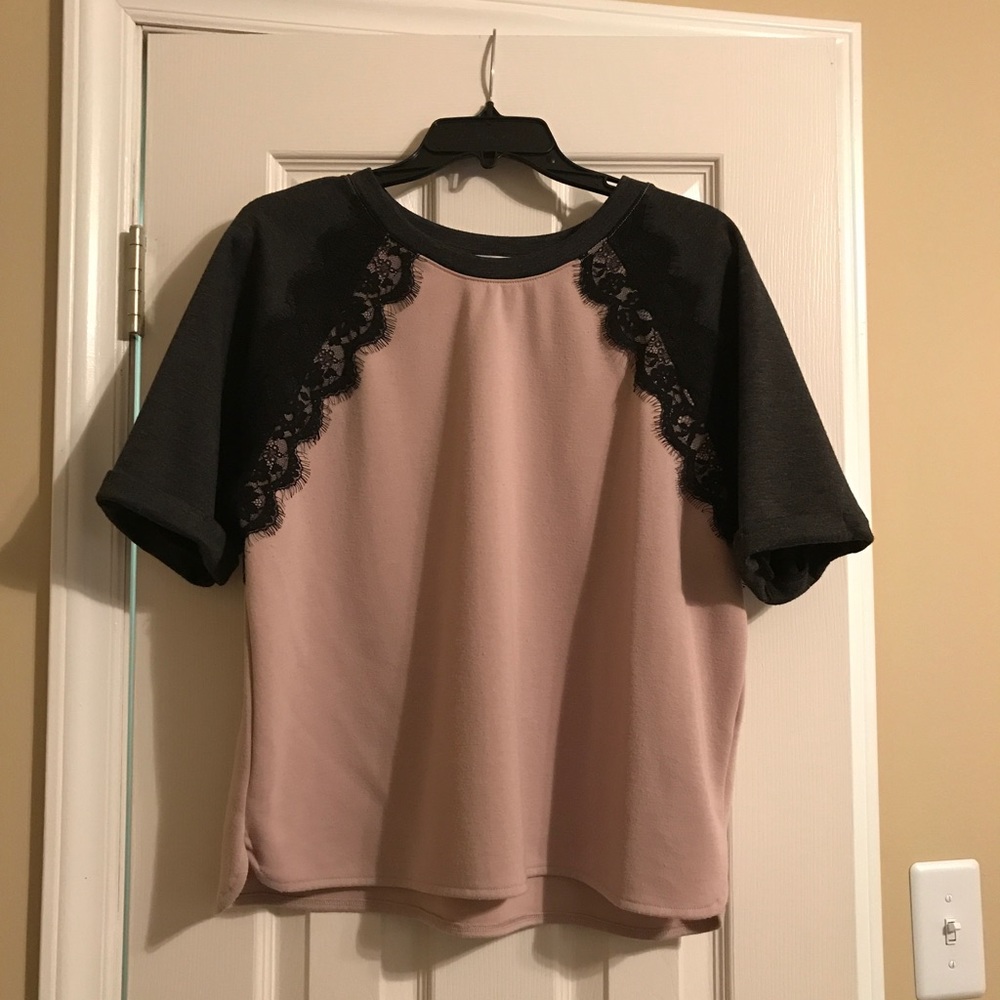 Lace Shoulder Detail, Pink and Grey Shirt