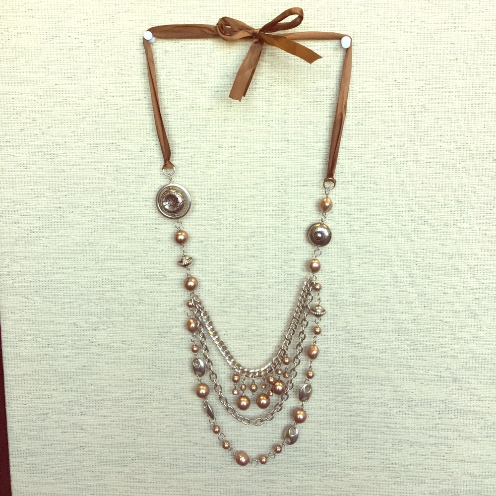 Brown Layered Pearl Statement Ribbon Necklace