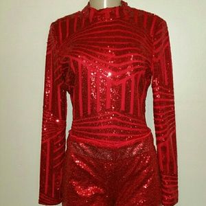 2 Piece Red Sequin Jumpsuit Set