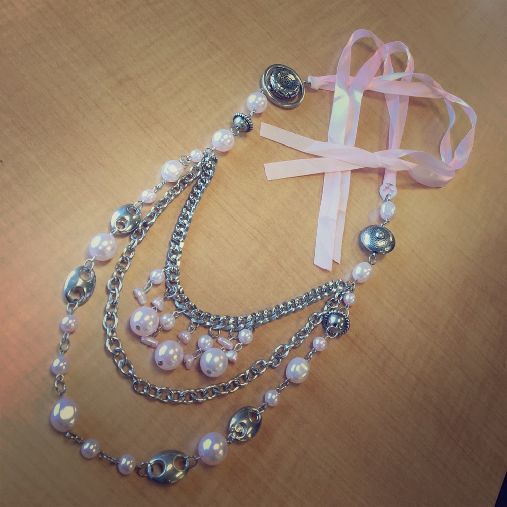 Pink Layered Pearl Statement Ribbon Necklace