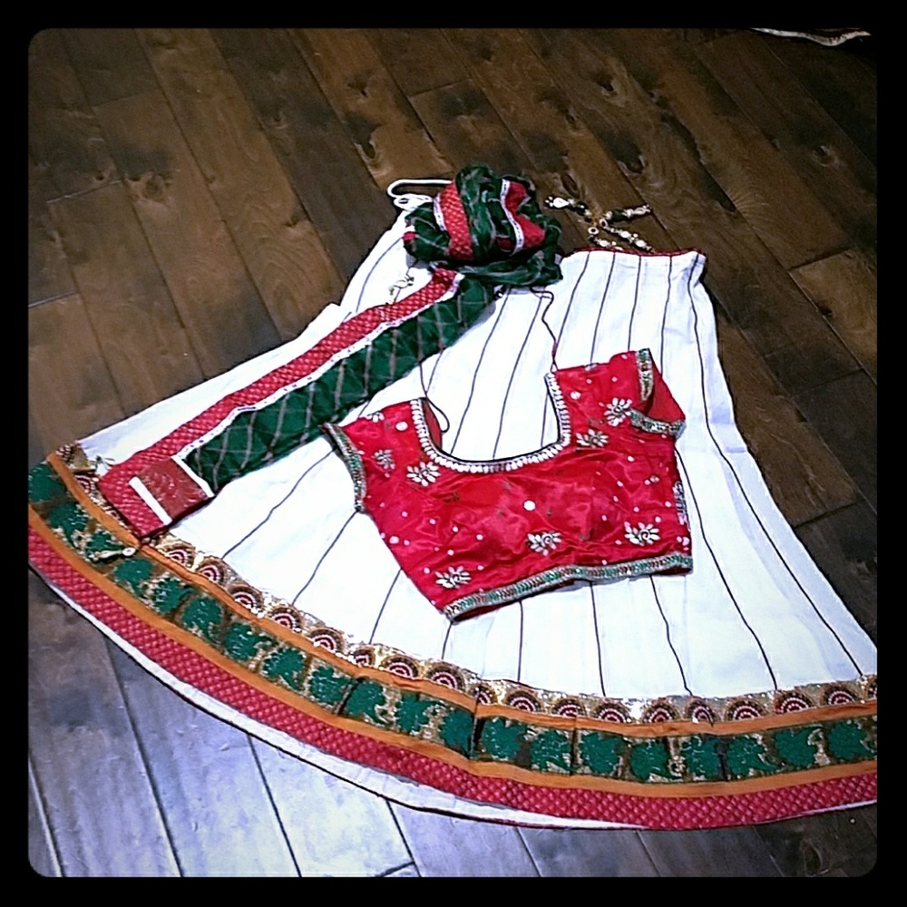 White and red cotton chaniya choli.