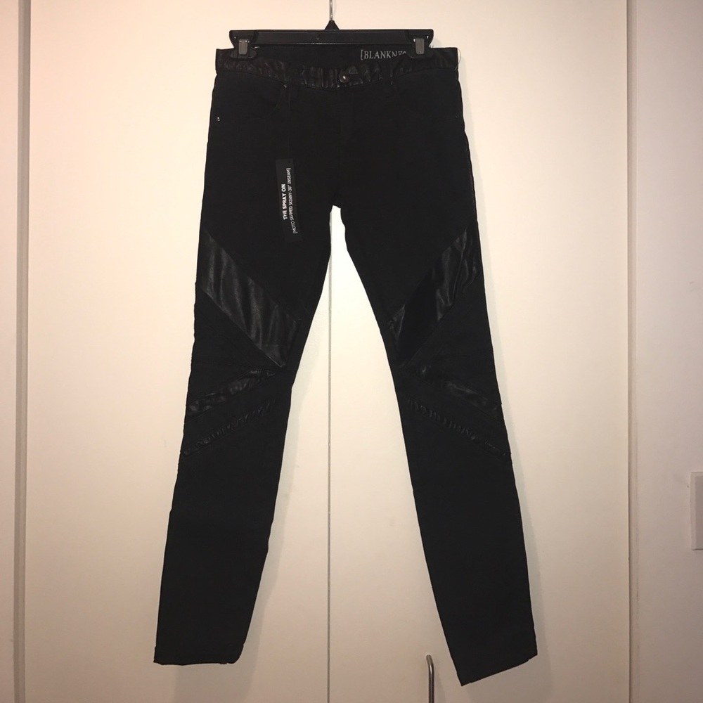 BlankNYC Black Faux Leather Trimmed Jeans, NWT