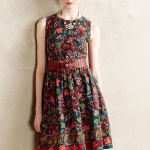 Anthropologie Embroidered Floral Fit and Flare