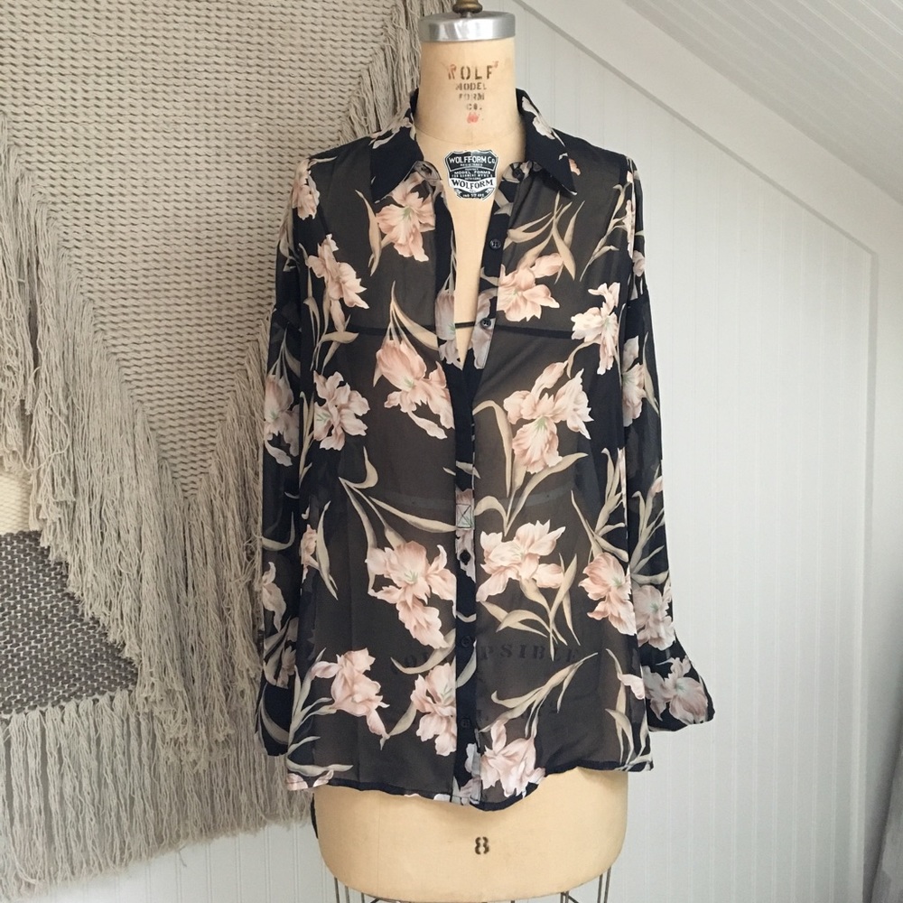 Floral sheer button down blouse