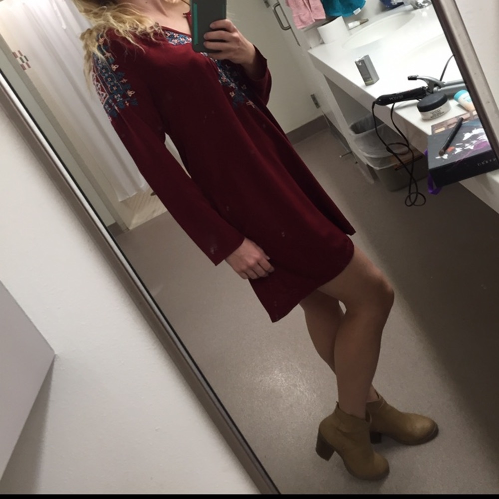 Red long sleeve dress with blue embroidery