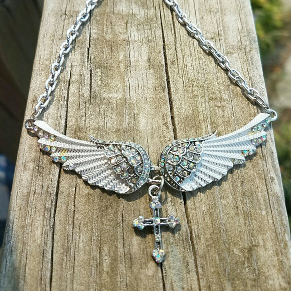 Silver Wing Cross Choker Necklace