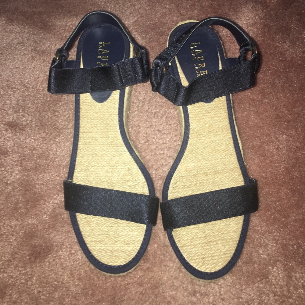 Ralph Lauren black straw wedge sandals
