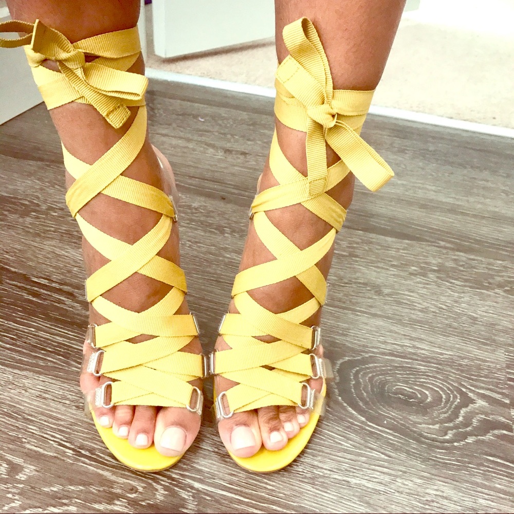 Mustard color ankle strap heels