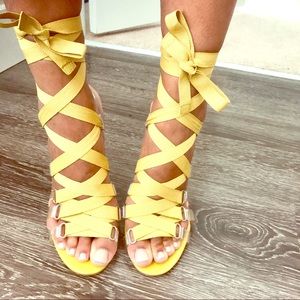 Mustard color ankle strap heels