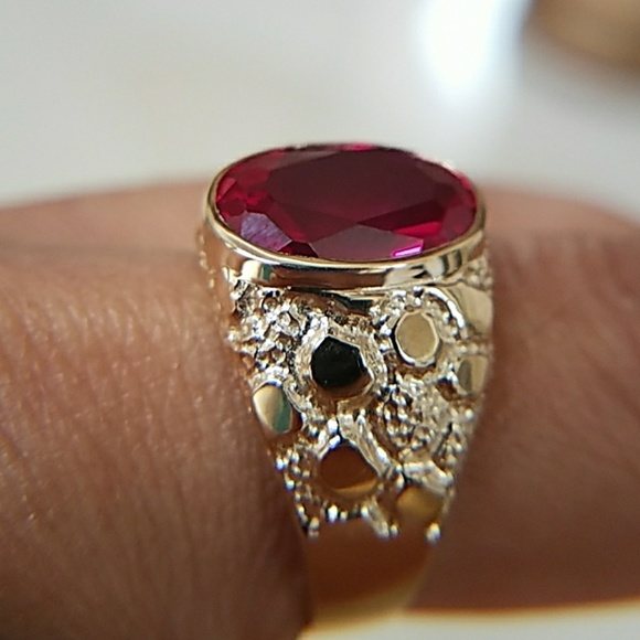 New Large 17mm Real 14k Yellow Gold Men's Nugget Ruby Ring - Picture 4 of 16