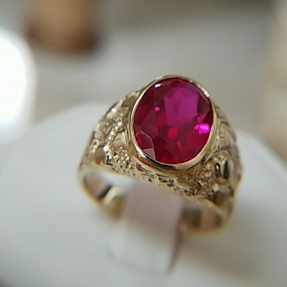 New Large 17mm Real 14k Yellow Gold Men's Nugget Ruby Ring - Picture 5 of 16