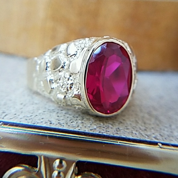 New Large 17mm Real 14k Yellow Gold Men's Nugget Ruby Ring - Picture 6 of 16