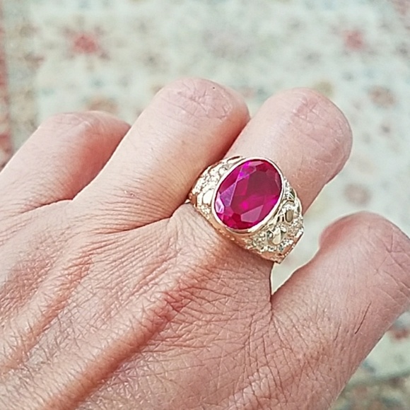 New Large 17mm Real 14k Yellow Gold Men's Nugget Ruby Ring - Picture 9 of 16
