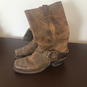 Brown distressed Frye harness boots size 7