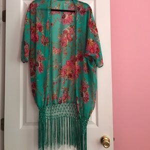 Floral fringe kimono