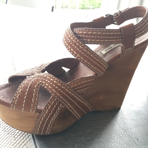 Miu Miu Shoes - Miu Miu tan leather wedge sandals (size 38)