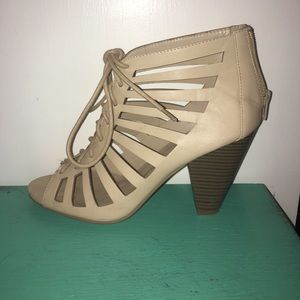 Nude open toed lace up booties