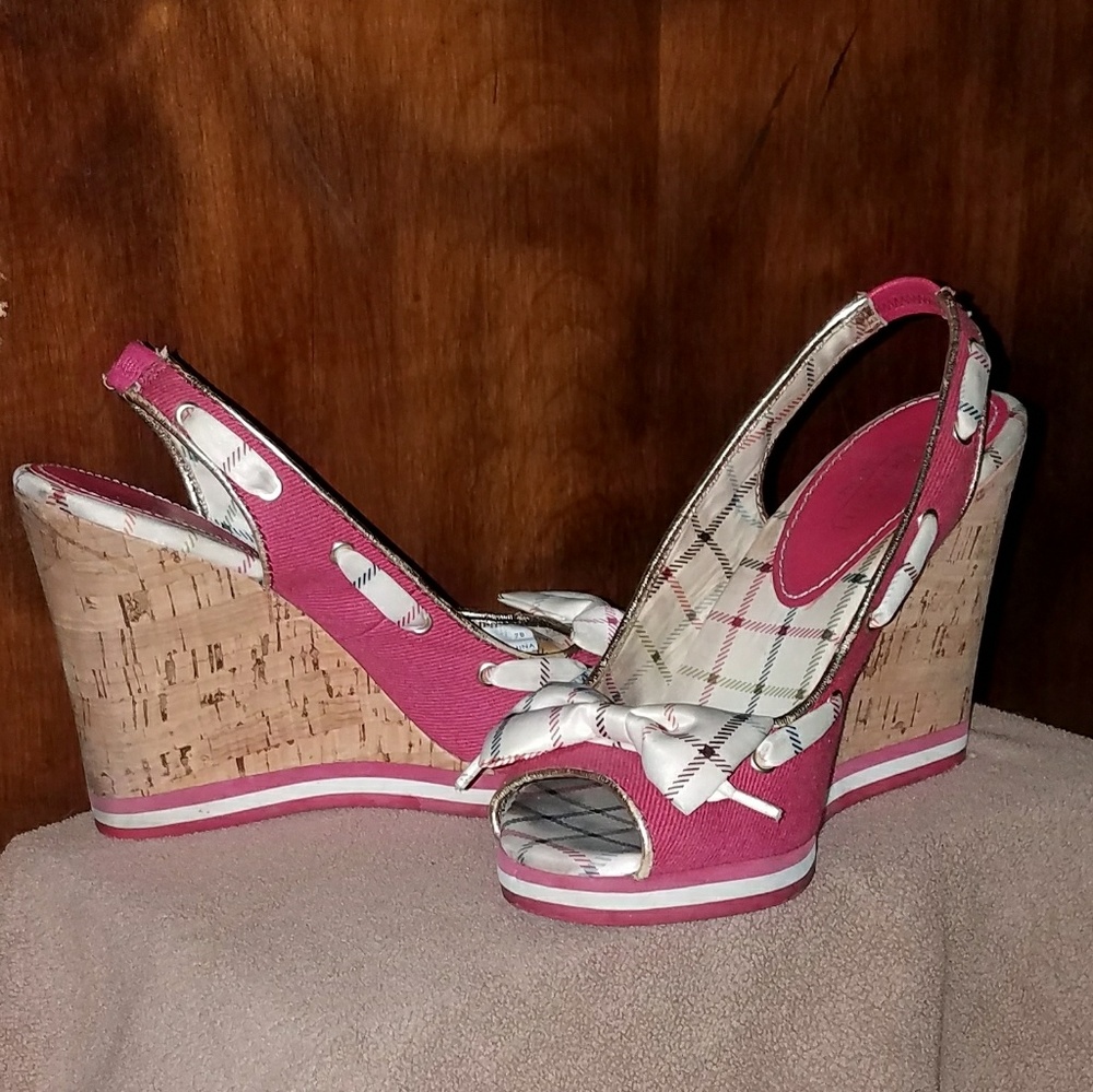 Coach Signature Plaid Sandals Pink Bow Wedge Heels