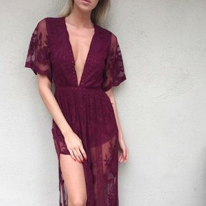 Maroon Lace Festival Season Spring Maxi Dress