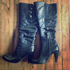 Guess Black Leather Heeled Knee High Boots