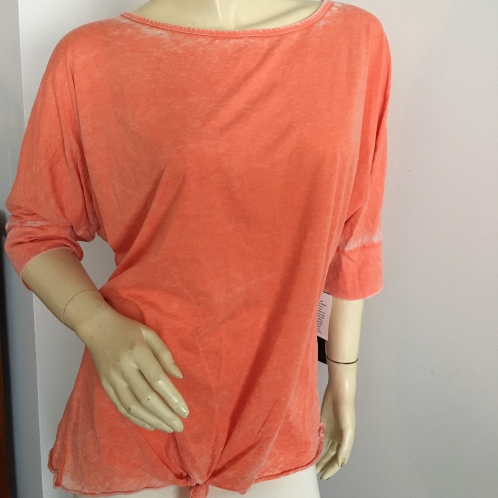 Orange 3/4 sleeved top boatneck top tie waist
