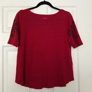 LOFT Red Linen T-Shirt with Navy embroidery