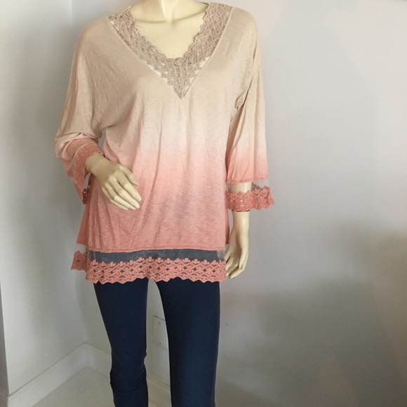 XCVI pink ombré tie dyed v-neck tunic embroidered - Picture 2 of 8