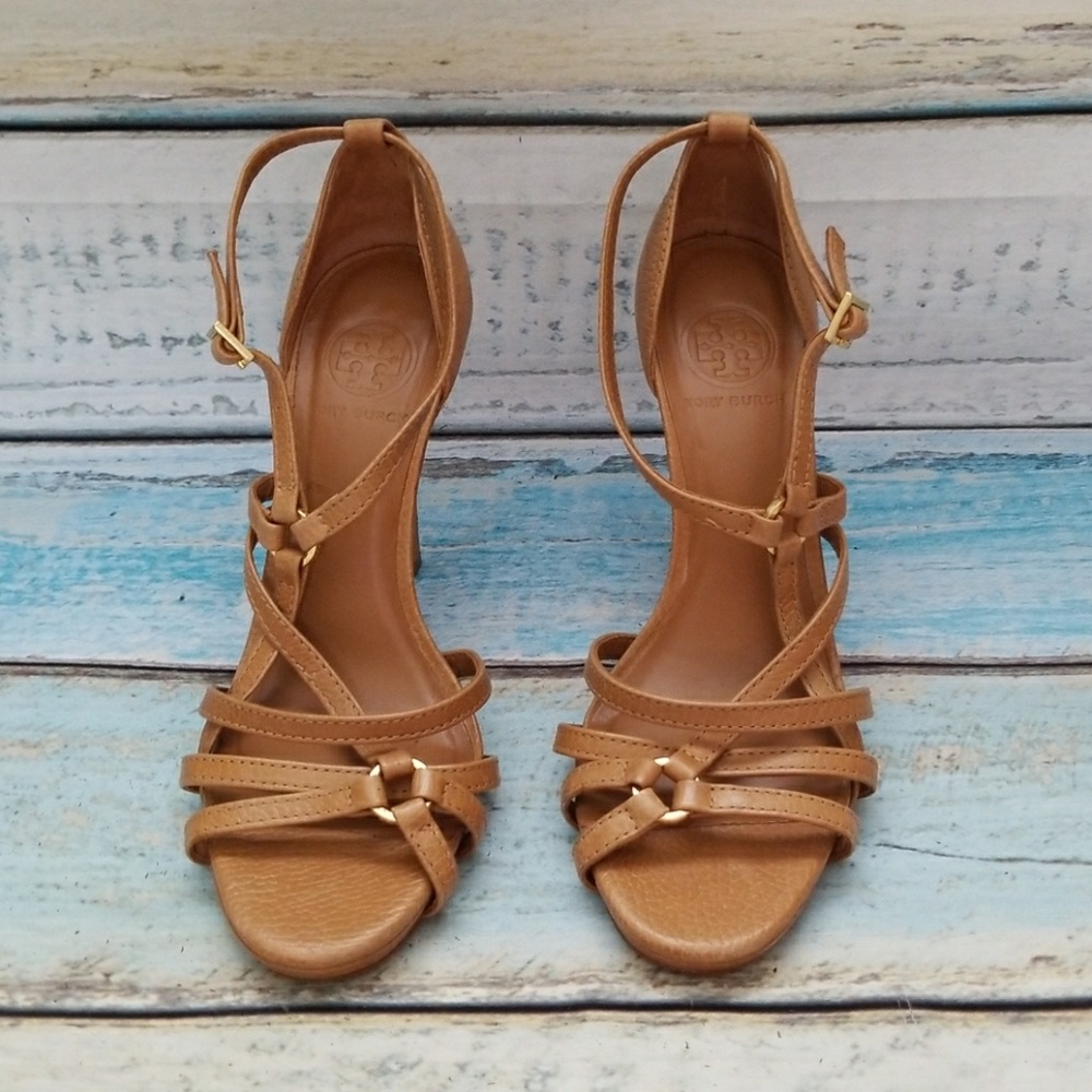 TORY BURCH STRAPPY SANDAL HEELS Leather 8M Gold
