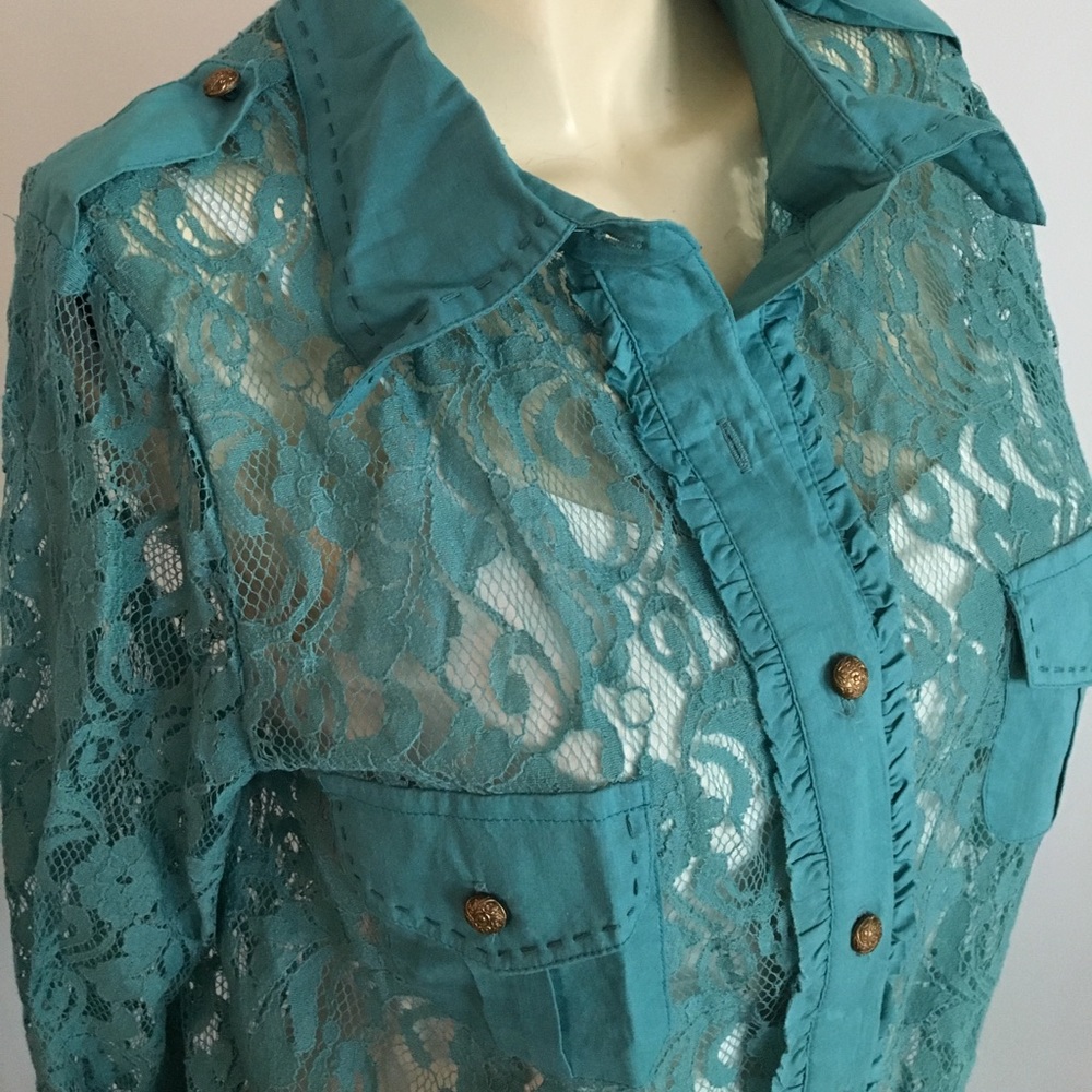 Lace long sleeved button down shirt with pockets