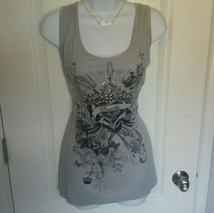 Lt Grey Tank Embellished w/Rhinestones, Lace Back